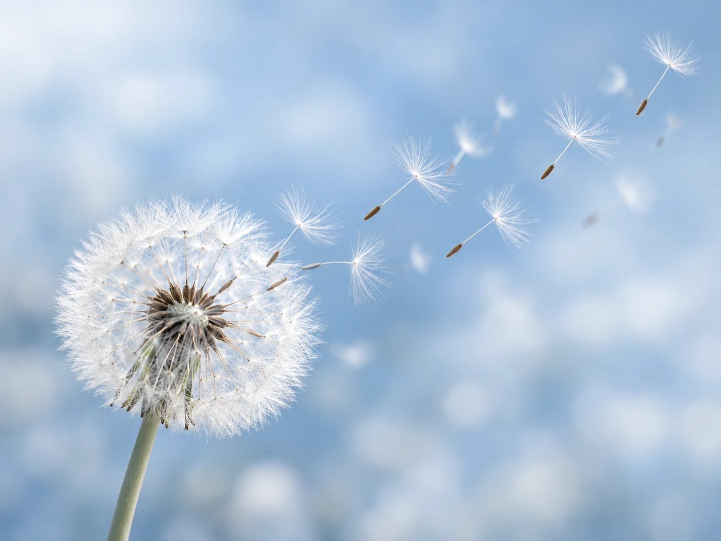 Silver-white dandelion seeds drifting across a soft blue background